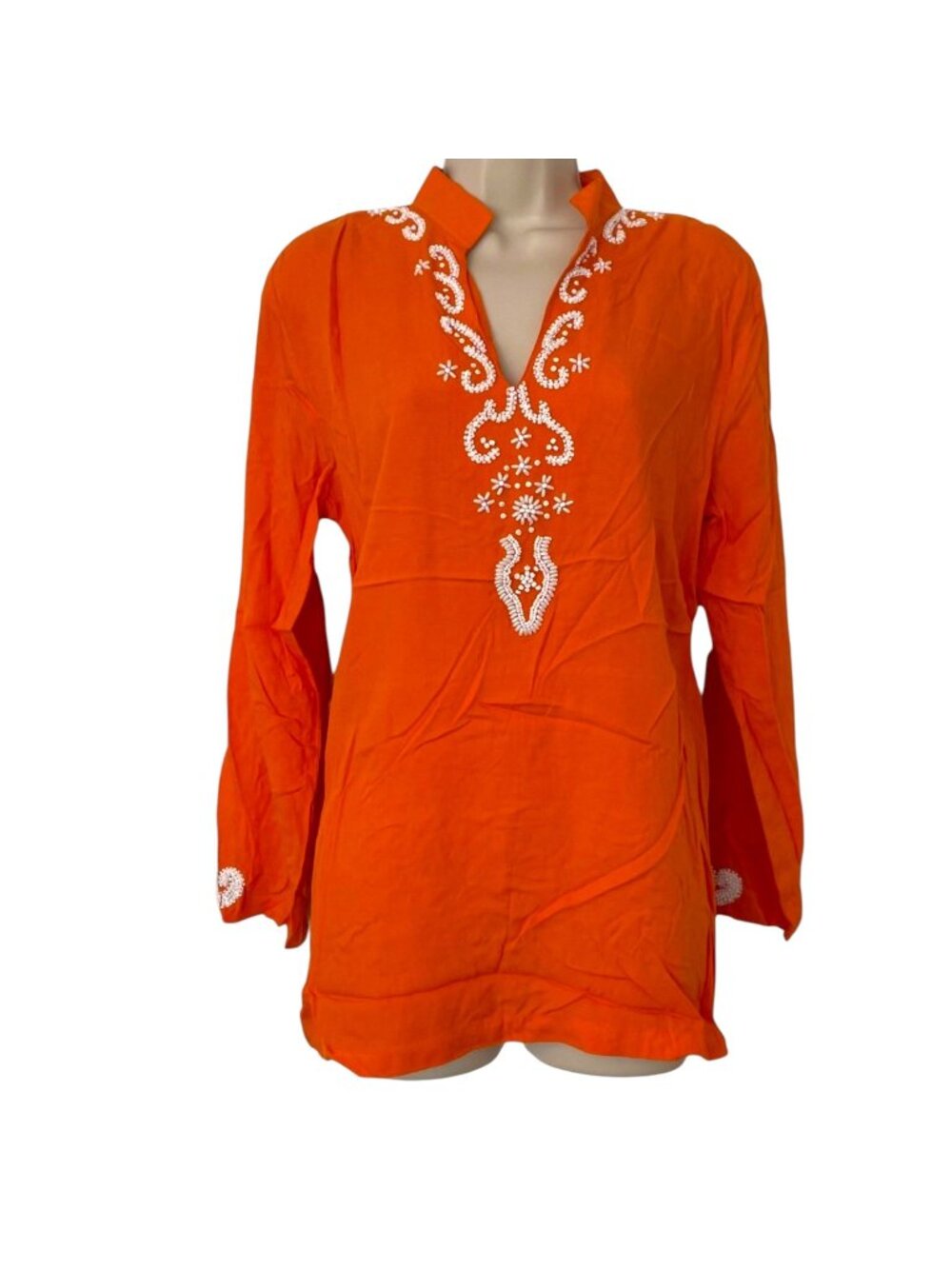 Escapada Delhi Tunic Top Womens Tangerine Orange Long Sleeve Batik Beaded Size M